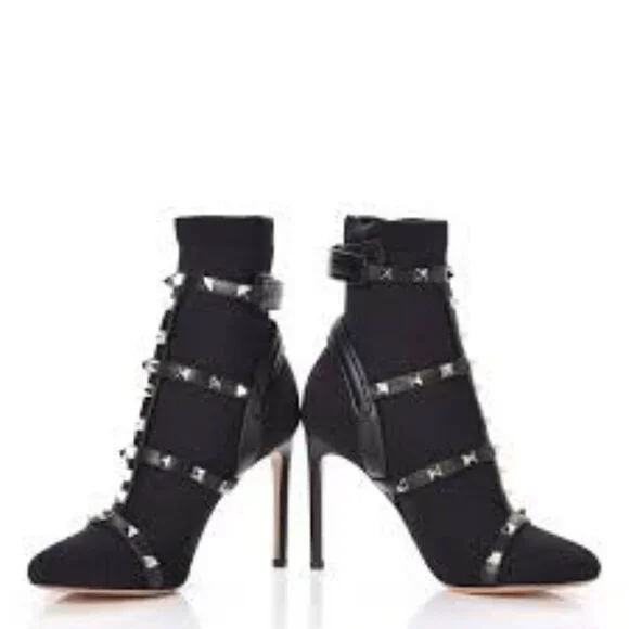 VALENTINO GARAVANI Rockstud Leather-trimmed Stretch-knit Sock Boots In Black